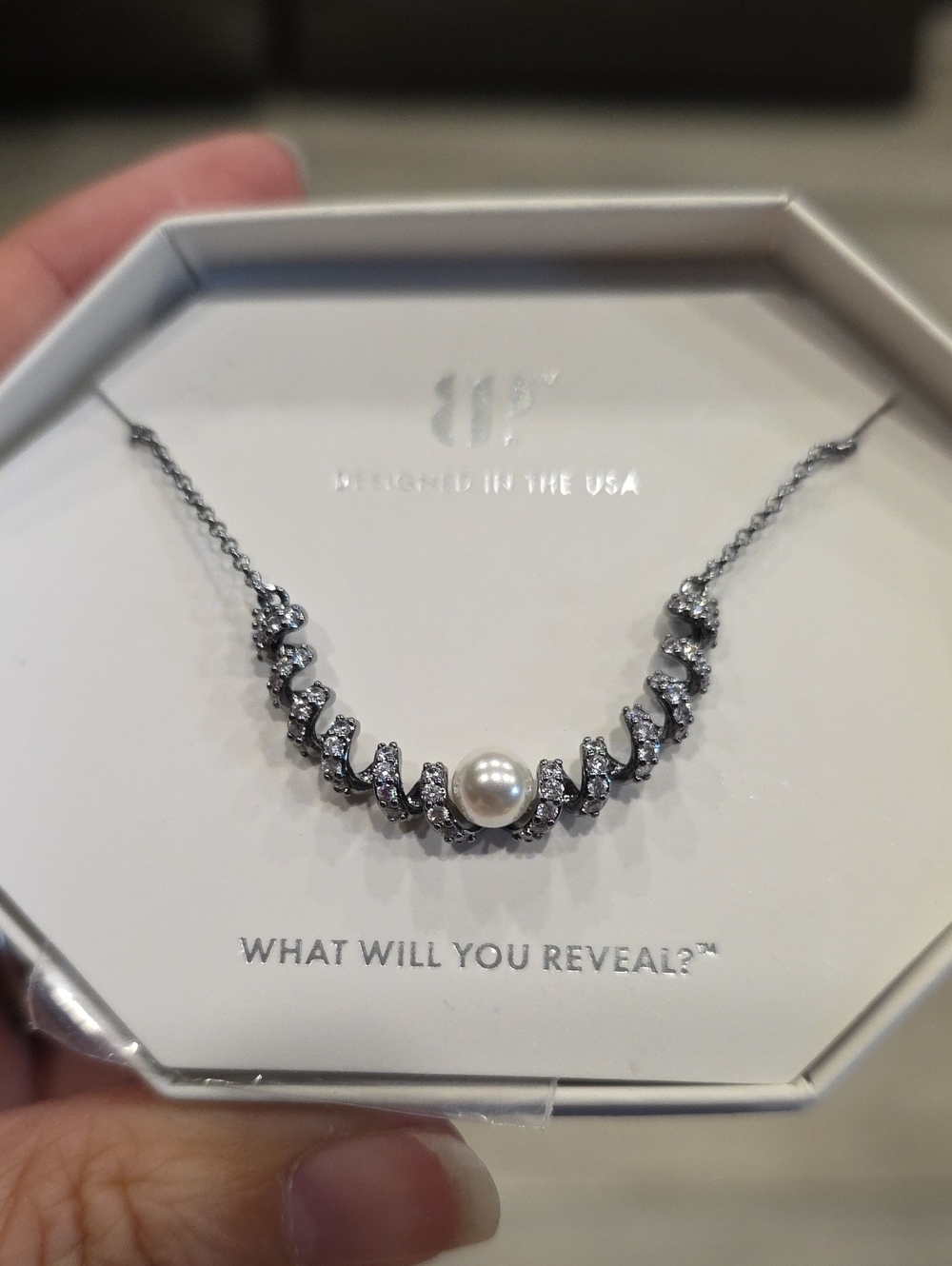 Cultured Pearl and Crystal Spiral Necklace - Silver Tone